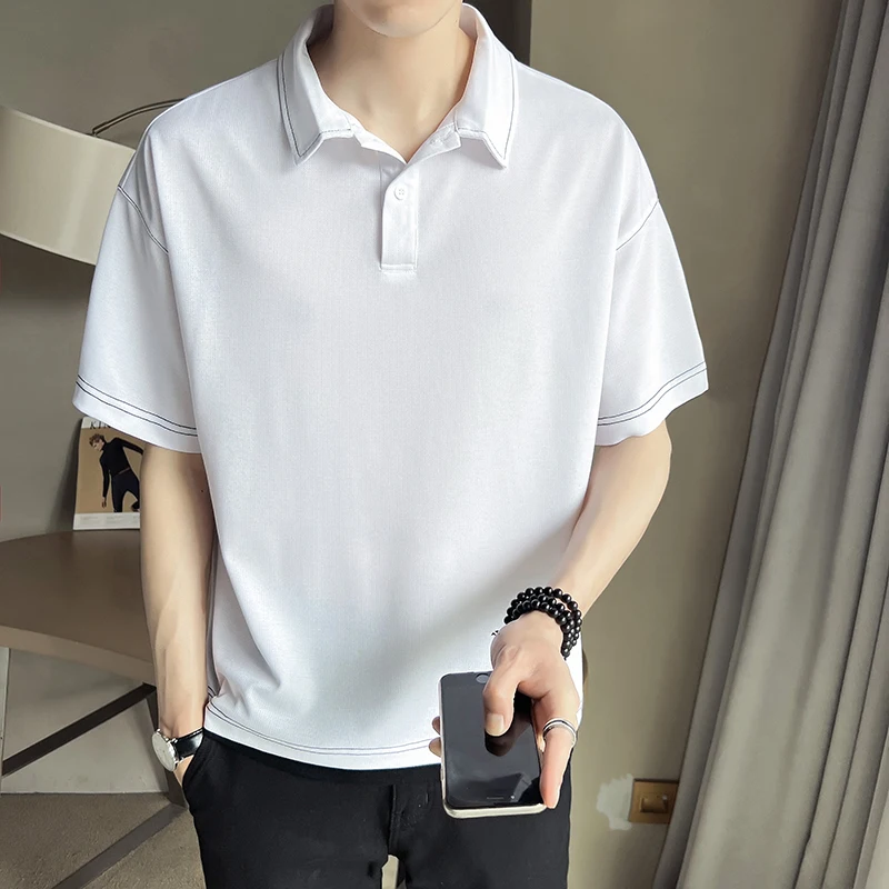 2026 model men's summer lightweight double-layered mock-neck T-shirt with visible stitching design