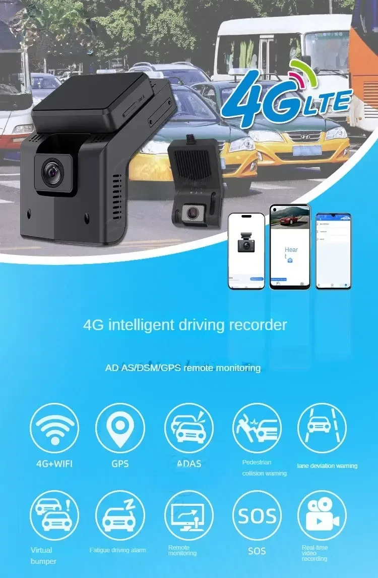 Registratore di guida intelligente per auto 4G AI Dashcam ADAS DSM Sicurezza attiva 1080P Registratore per veicoli a doppia lente Sistema di allarme per affaticamento