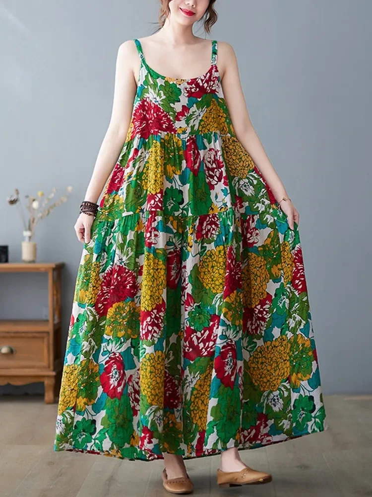 pasek bez rękawów bawełniana pościel vintage kwiatowy nowość w sukienkach dla kobiet luźna długa letnia sukienka elegancka odzież 2025