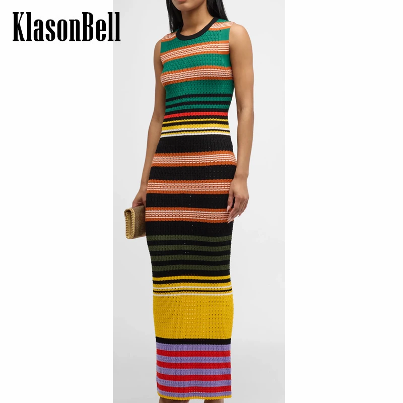 

5.8 KlasonBell New Women's Temperament Rainbow Striped Hollow Out Jacquard Weave Knit Dress O-Neck Slim Package Hip Long Dress