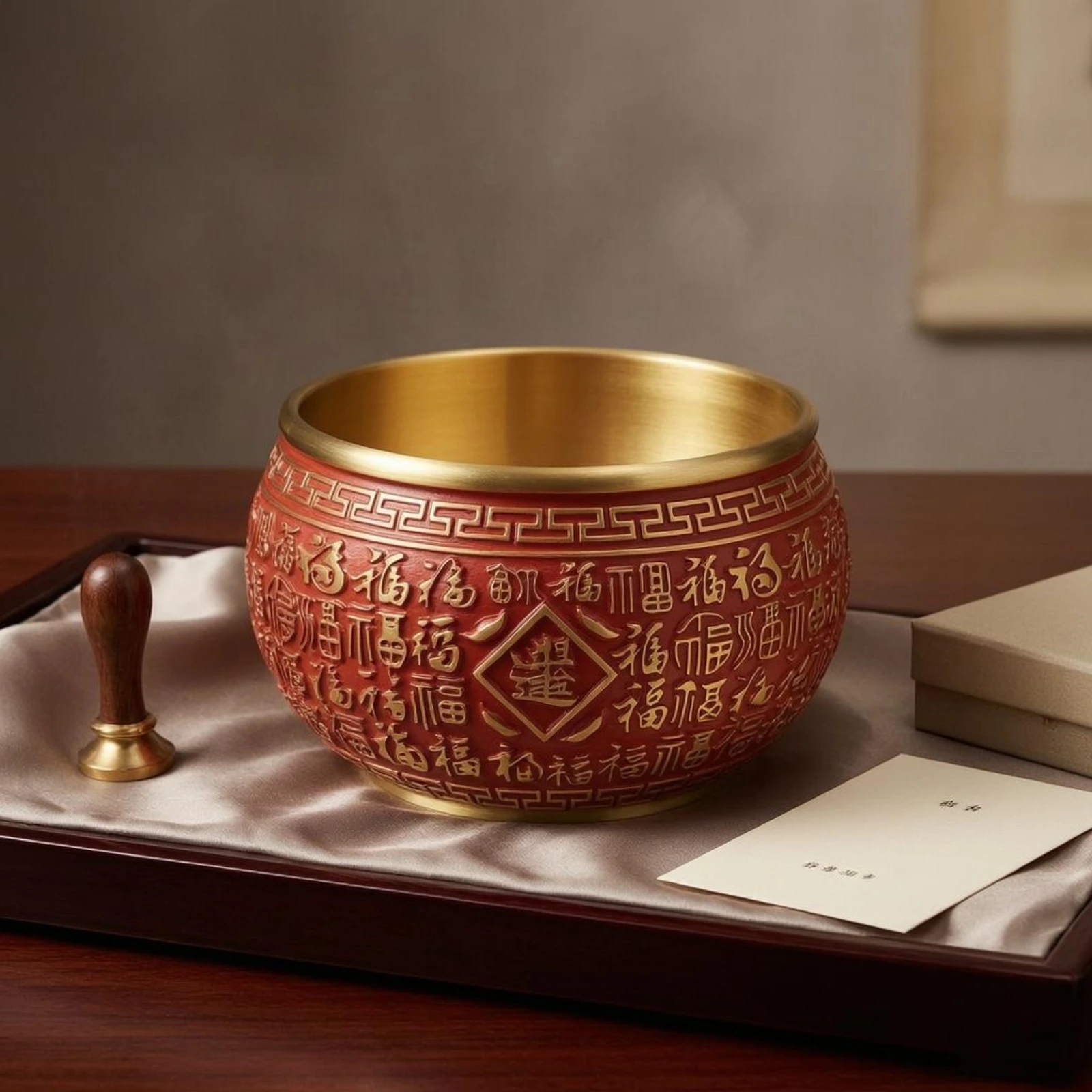 

Decorative Metal Bowl Gold-Toned Rim Copper Ornament Bowl-Shaped Ornament Raised Motifs Home Decor Red Surface