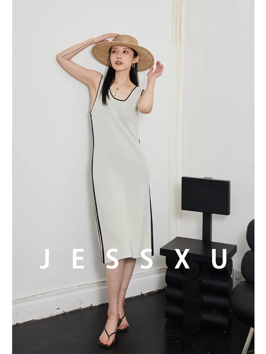 

JXu lectual U-Ne Knitted Dr Vest Strap Bla Color Blo Design Commute Simple round Ne Spring Mid-Length