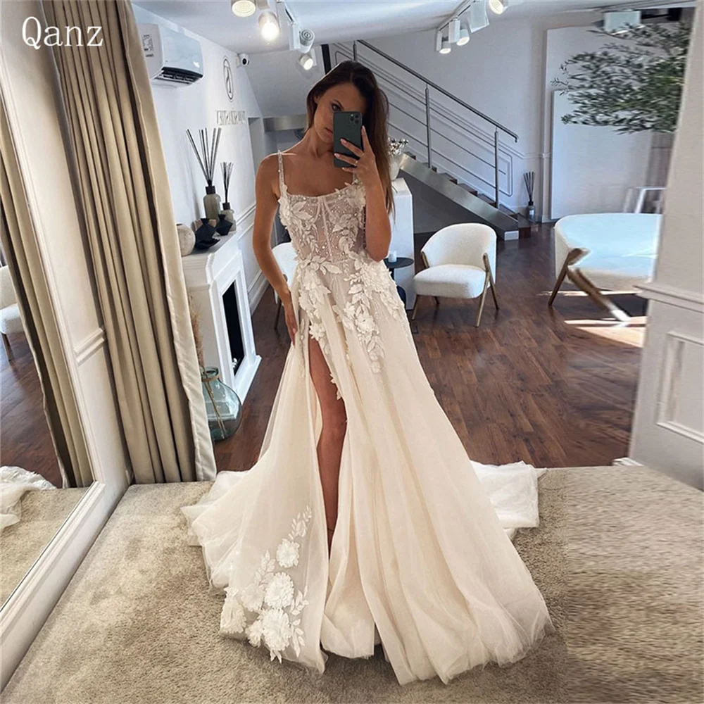 

Женское пляжное свадебное платье Qanz, длинное ТРАПЕЦИЕВИДНОЕ ПЛАТЬЕ на бретелях-спагетти с 3D цветочной аппликацией и высоким разрезом