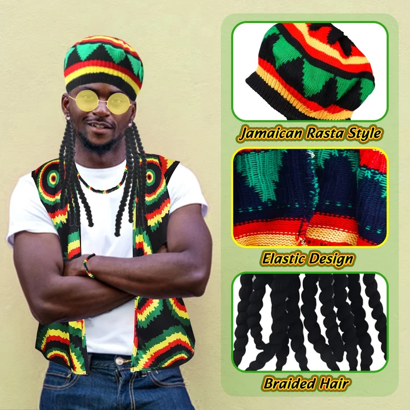 5 pezzi Reggae Costume Gilet Occhiali gialli Dreadlocks intrecciati Parrucca Cappello per donna Uomo Festa in maschera Cosplay Carnevale di Halloween