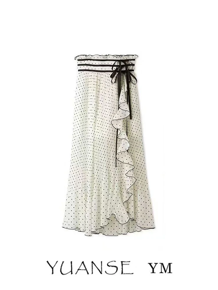 YUANSE Gentle Wind Unique Beautiful Polka Dot Slit Halter Neck Summer Young Looking High Waist A-Line Long Skirt Women's Fashion