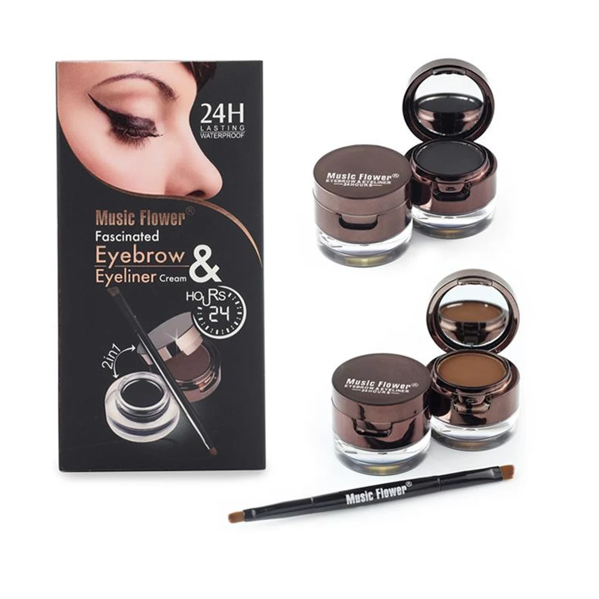 Eye Makeup 5 Piece Set 2 in 1 Black & Brown Eyeliner + Eyebrow Powder Waterproof & Long Lasting (with Dual Brush)