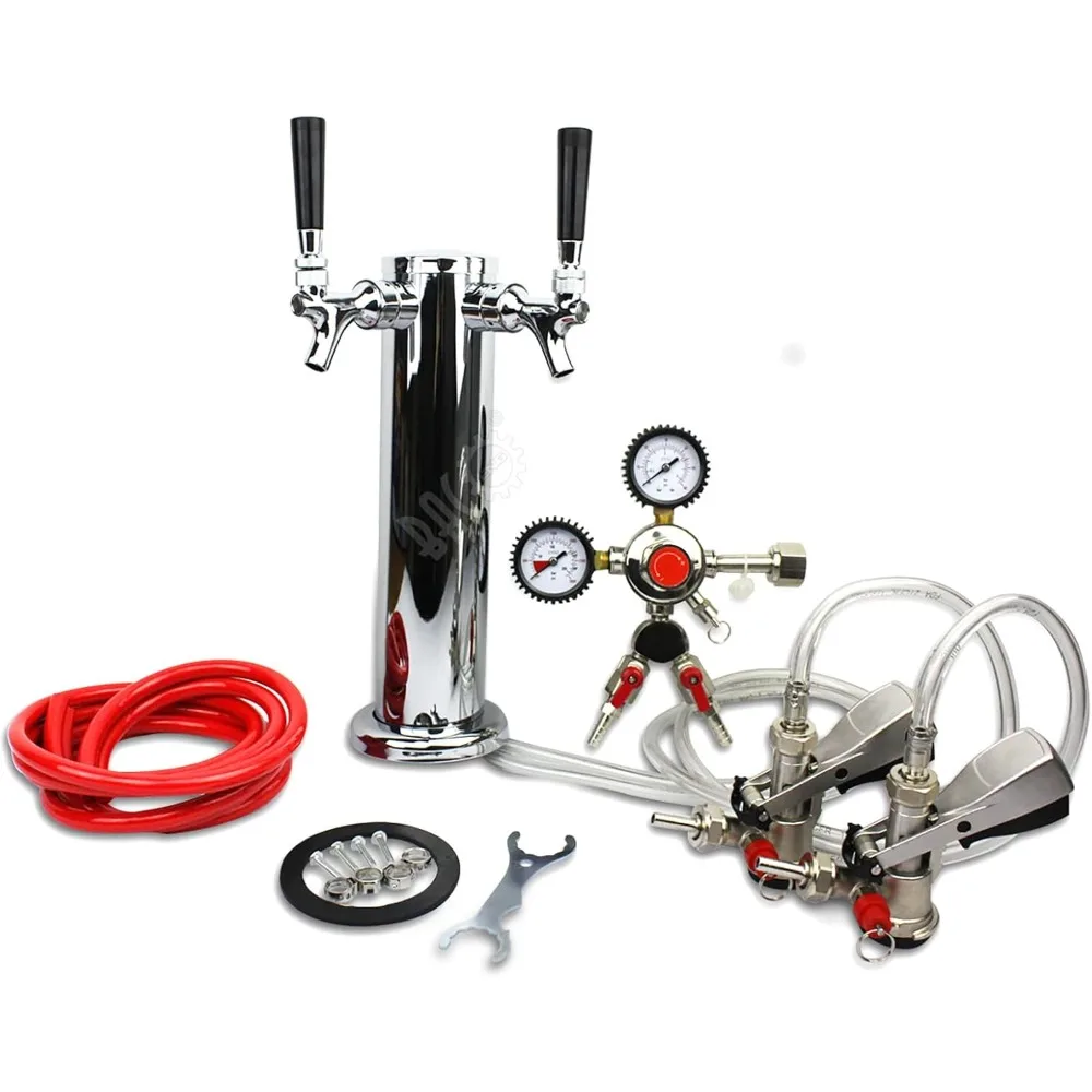 Double Faucet Tower Beer Kegerator Conversion Kit with Dual Gauge Regulator, No Tank Stainless Steel Keg Tower