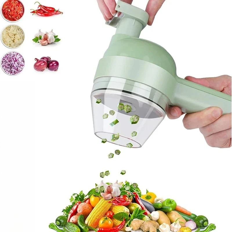 Juego de cortador de verduras eléctrico 4 en 1, machacador de ajo eléctrico inalámbrico de mano, picadora de alimentos, máquina trituradora de carne, rebanada de cáscara de alimentos