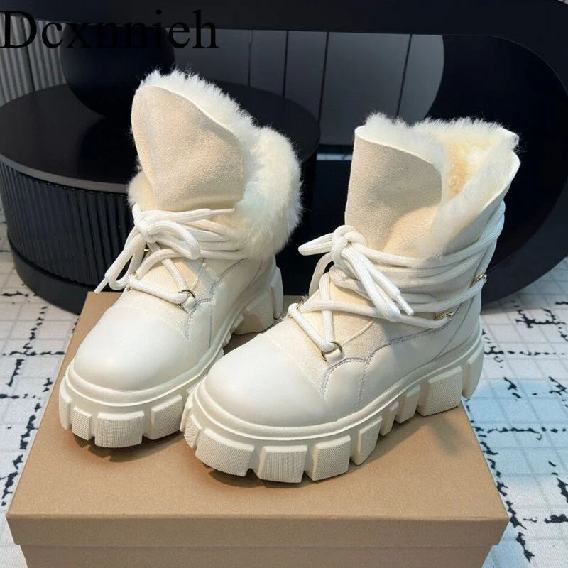 Flat Thick Bottom Round Toe Fur Snow Boots Women Suede Lace Up Real Wool Lining Platform Ankle Botas Winter Warm Short Boots