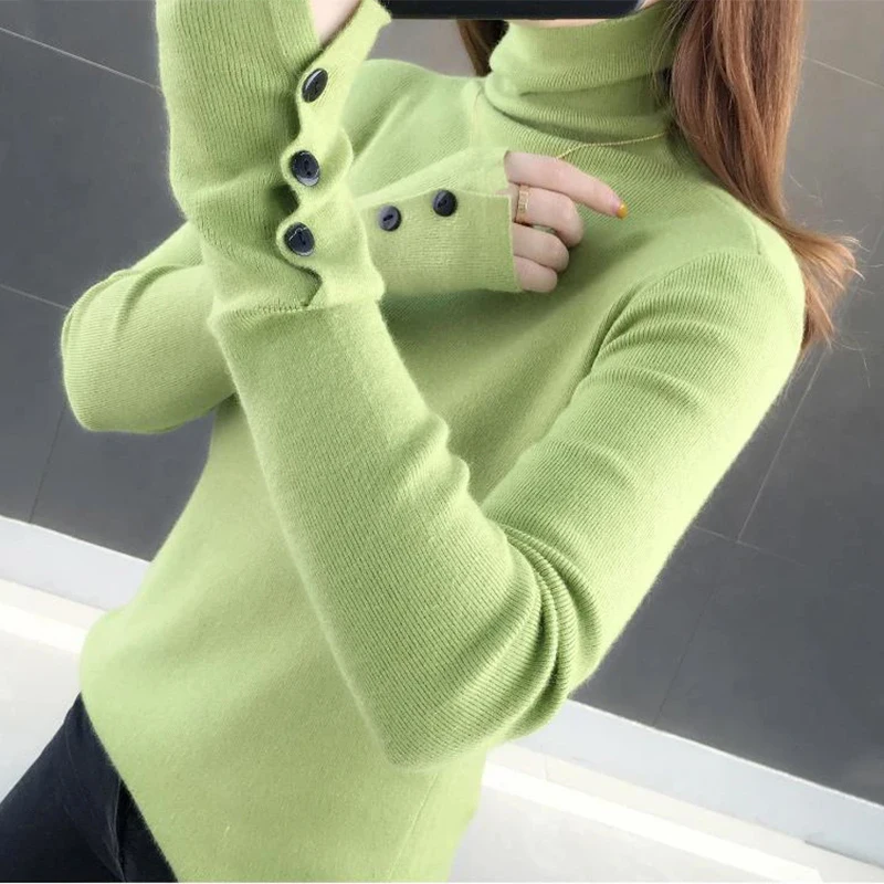 Women Turtleneck Solid Warm Sweater Buttons Long Sleeve Knit Basic Pullover Slim Office Jumper For Women 2023 Autumn Winter