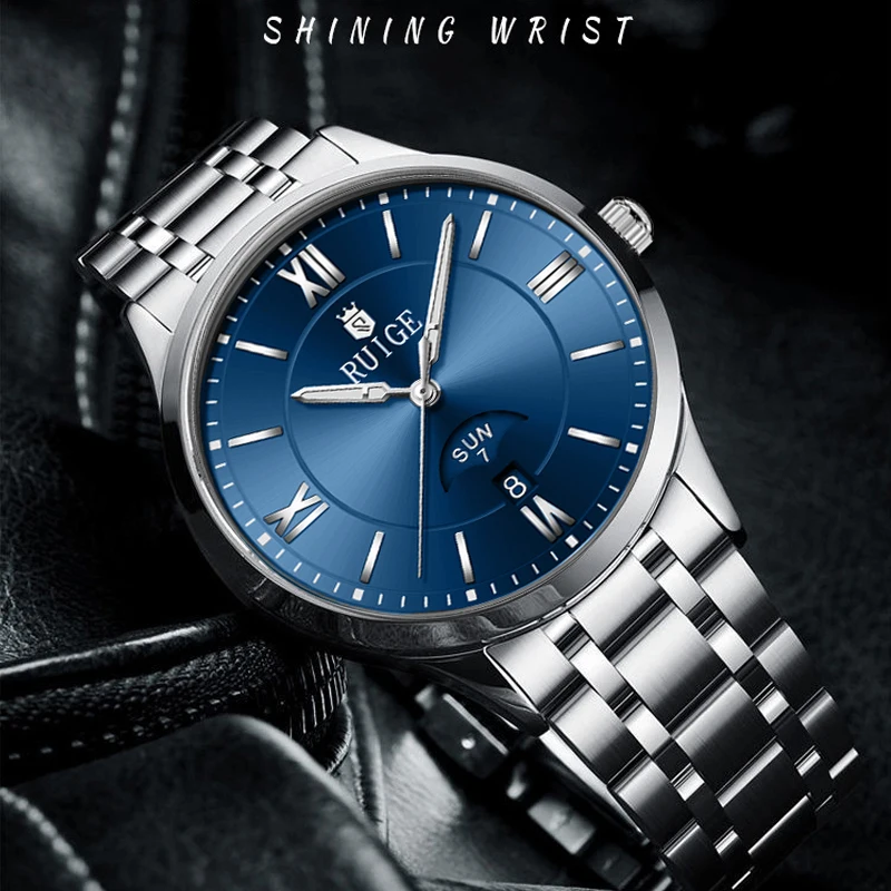 Reloj mecánico completamente automático RUIGE con calendario semanal para hombre, reloj versátil resistente al agua a la moda de acero inoxidable para hombre