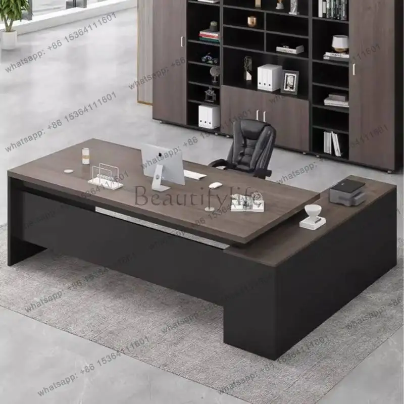 LJY Nordic Wooden Office Desks Vintage Designer Brown Standing Luxury Office Desks Modern Corner Large Escritorios Furniture
