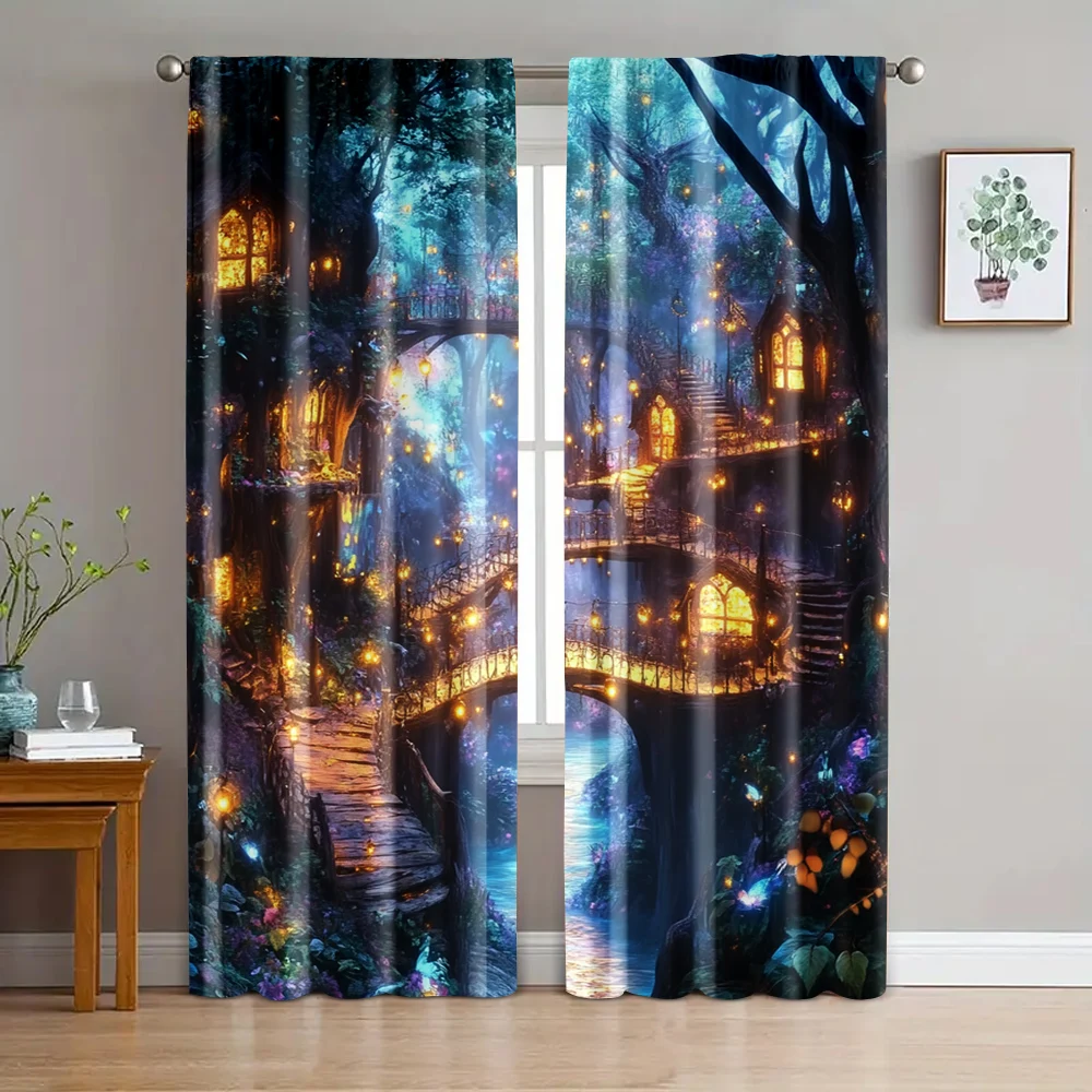 

2pc, Curtain Forest and Butterfly Versatile Polyester Fabric,Without Electricity Family Party Decoration Suitable for Living