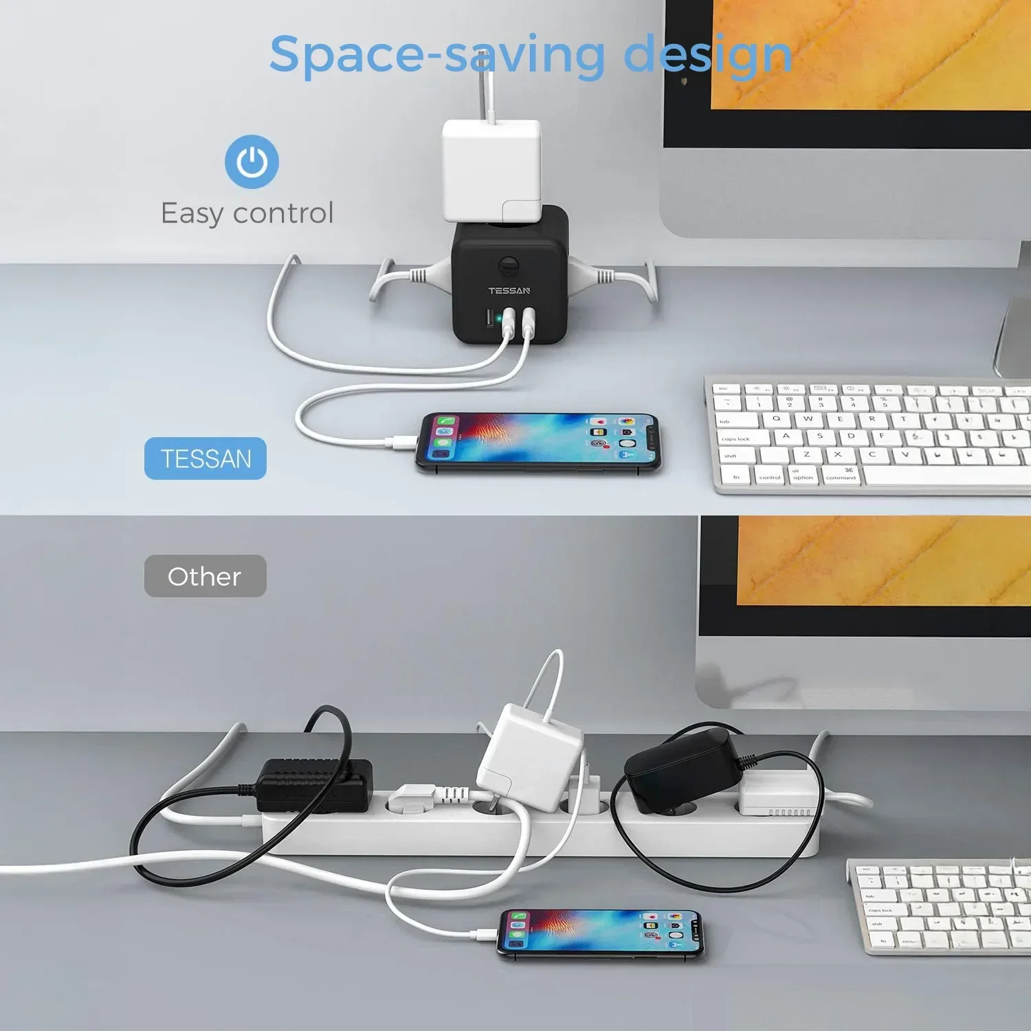 شريط طاقة مكعب من تيسان مع محول موسع مقبس توصيل الاتحاد الأوروبي مع 3 منافذ و3 منافذ شحن USB مع كابل 1.5 متر للمنزل