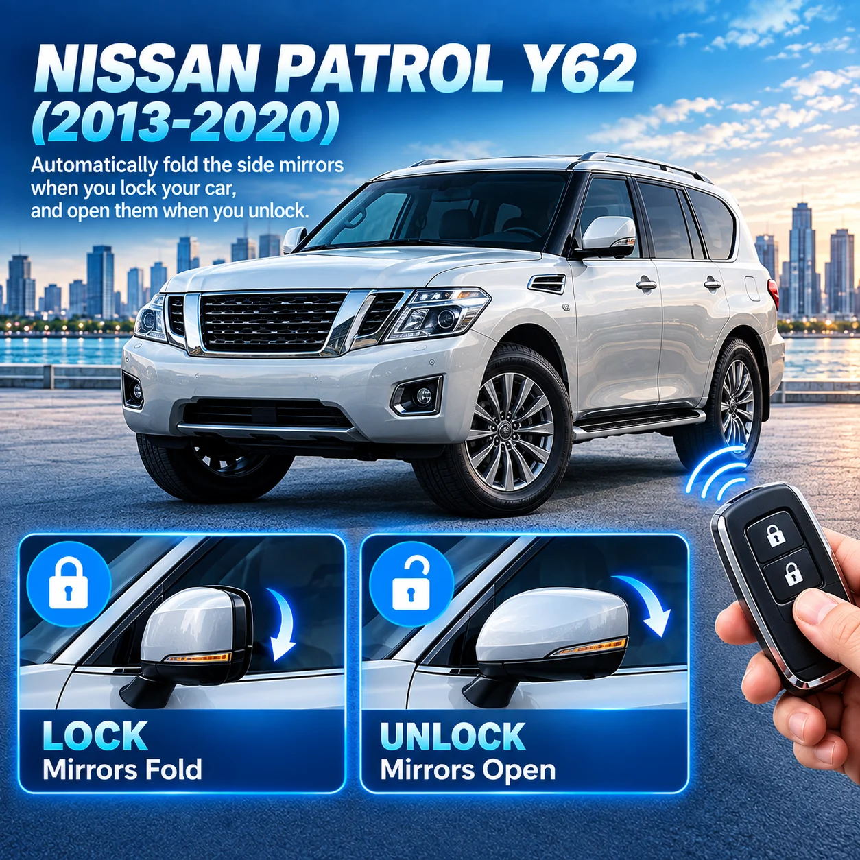 Side mirror folding module for Nissan Patrol Y62 (2013–2020): folds upon locking, unfolds upon unlocking.