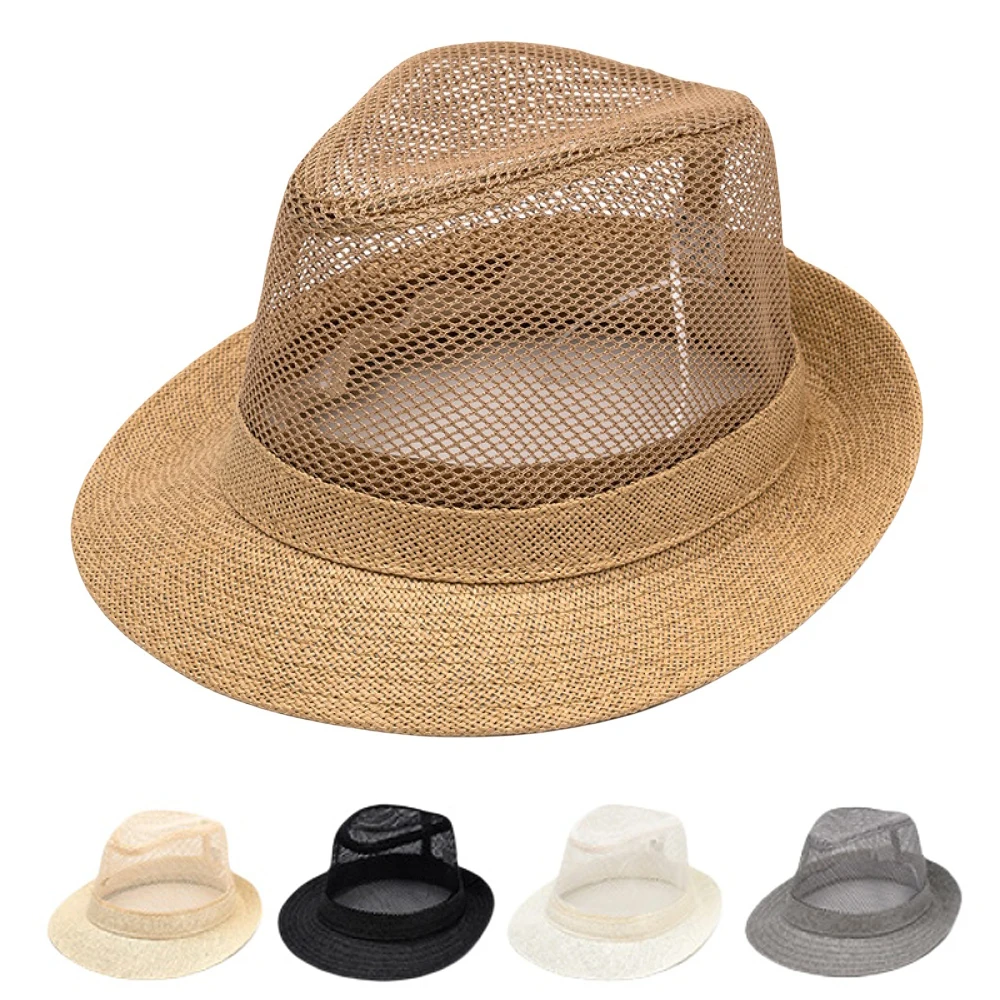 

Men Breathable Jazz Fedora Straw Mesh Hat Summer Sun Protection Outdoor Cap