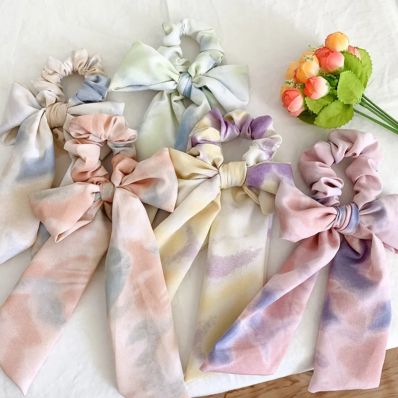 Fashion Tie-dye Big Bowknot Hair Scrunchies Women Print Satin Knot Elastic Hair Band Handmade Hair Rope Ponytail Tie Hair Ring