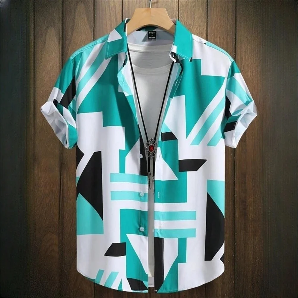 Camisa con estampado 3D de geometría para hombre, blusa Hawaiana de manga corta con botones, informal, suelta, a la moda, ropa de verano