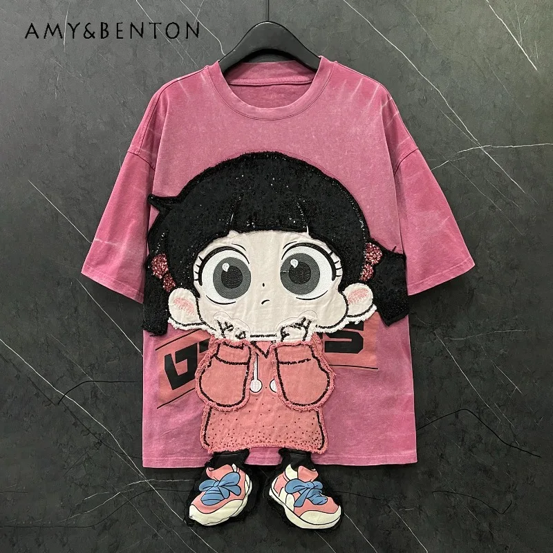 

Футболка женская свободного кроя с коротким рукавом, весна-лето 2026, с мультяшным плетеным узором, повседневная, универсальная, милая