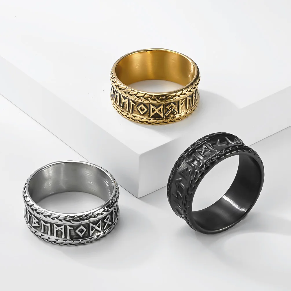 Vintage Punk Viking Writing Ring for Men Stainless Steel Ring Party Jewelry New