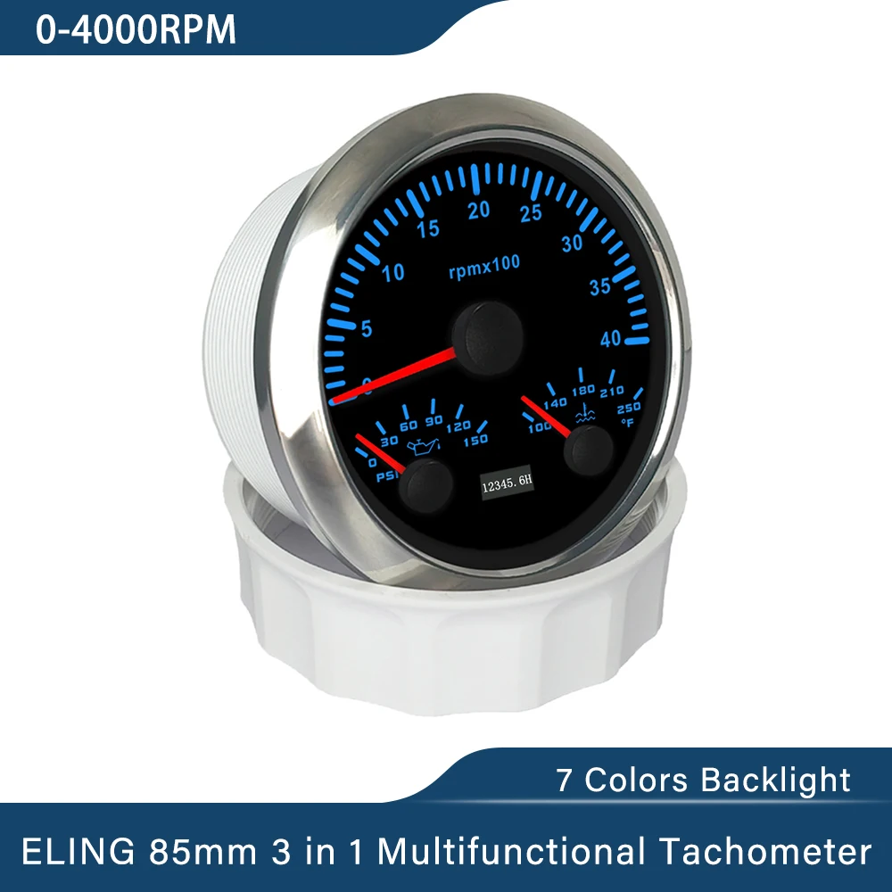 ELING 85mm 3 in 1 Multifunctional 3000RPM 4000RPM 0-6000RPM Tachometer with Oil Pressure Water Temp 7 Colors Backlight for Car