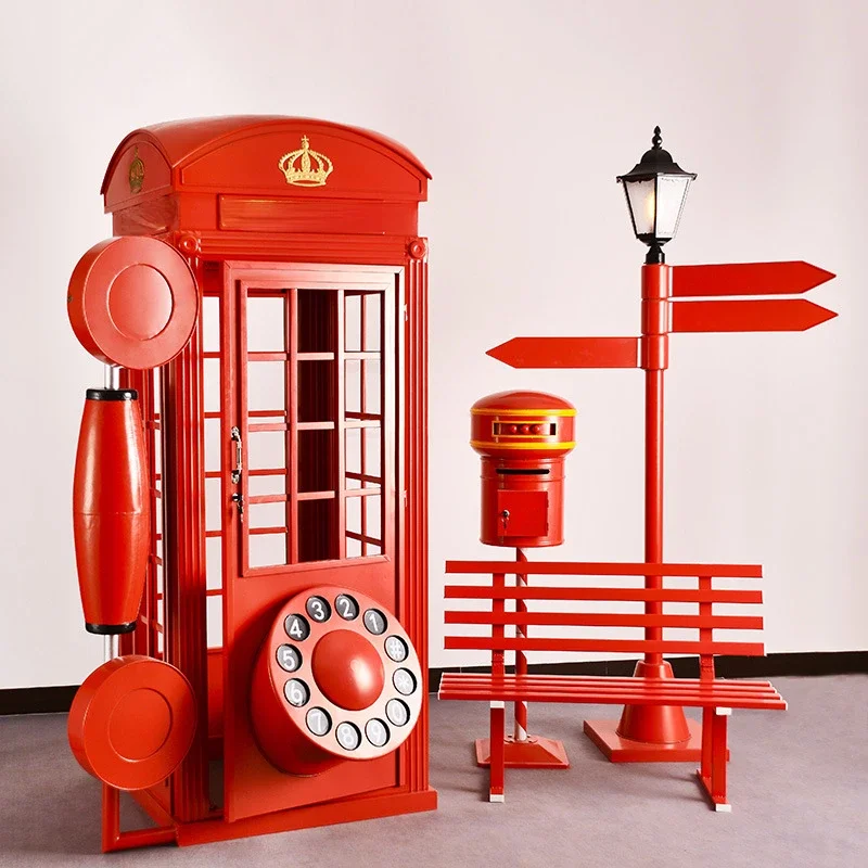 Industrial style wrought iron new phone booth set large floor ornament scenic mall clock in photo model props