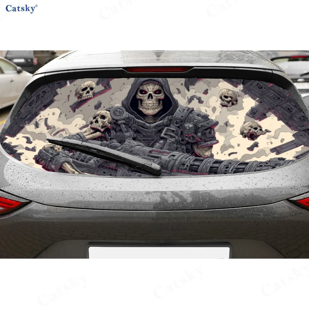 Trendy Sci - Fi Mechanical Skull - أغطية فينيل للسيارة المثقبة من مادة PVC، ملصق متين للزجاج الأمامي الخلفي للسيارة، إعادة إعادة السيارة المقاومة للماء