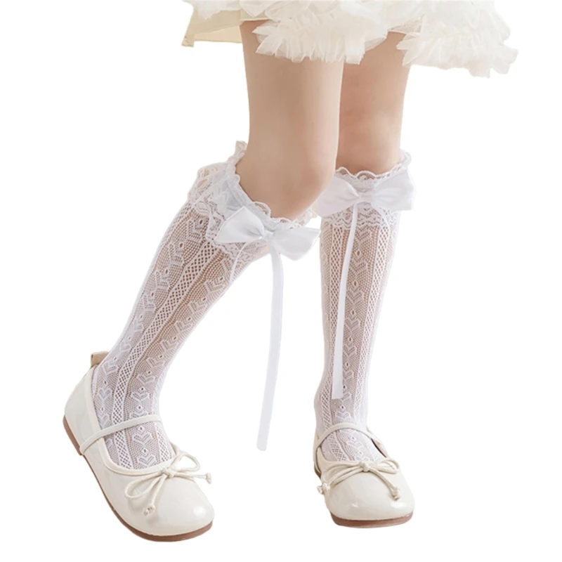 Girls Ruffle Knee Socks Bowknot Ribbon Thigh High Stockings Socks Dropship