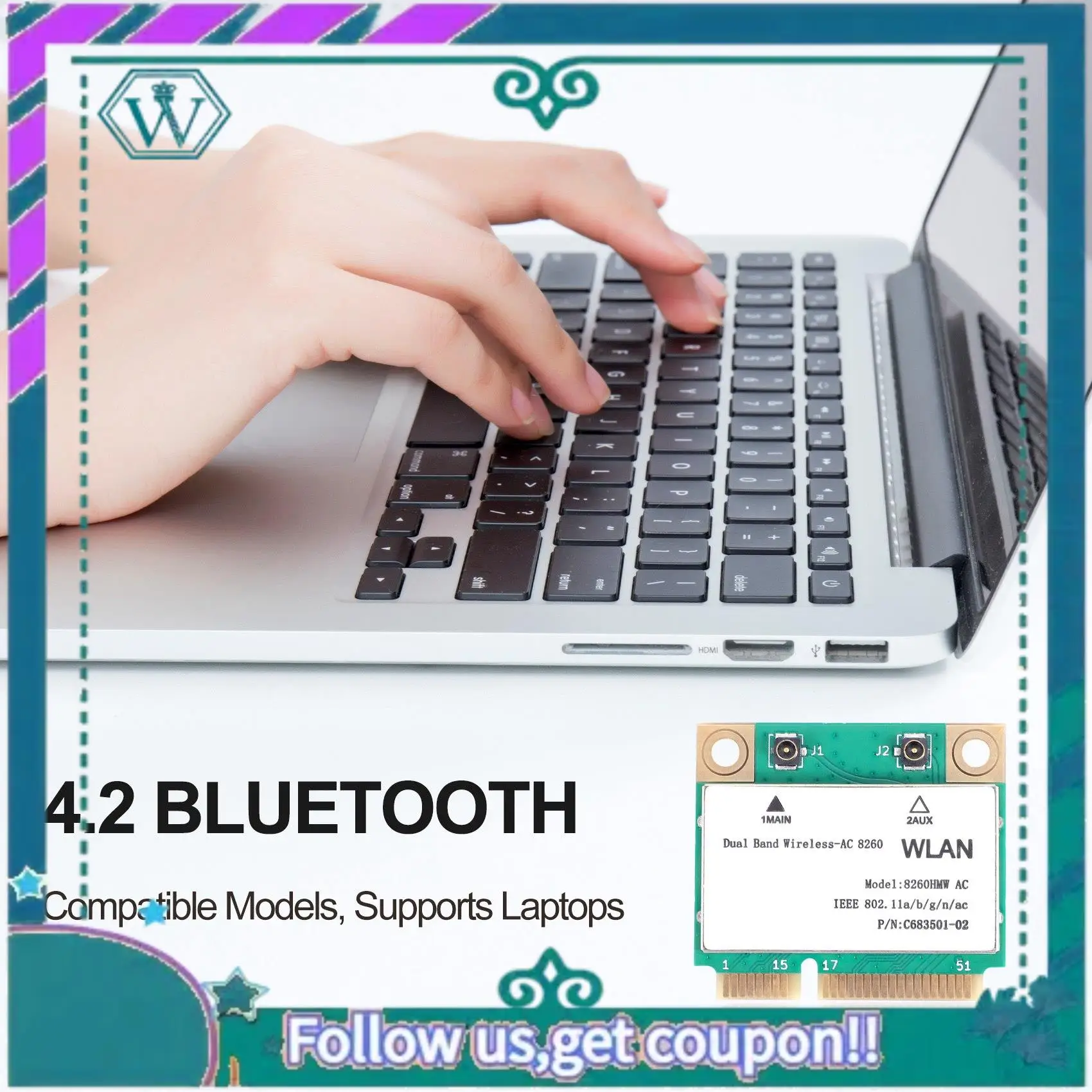 

Upgraded 1200Mbps Network Card 8260Hmw Ac 2.4G+5G Mini Pci-E Card 4.2 Bluetooth Wifi Card 802.11Ac 867Mbps For Laptop/Computers