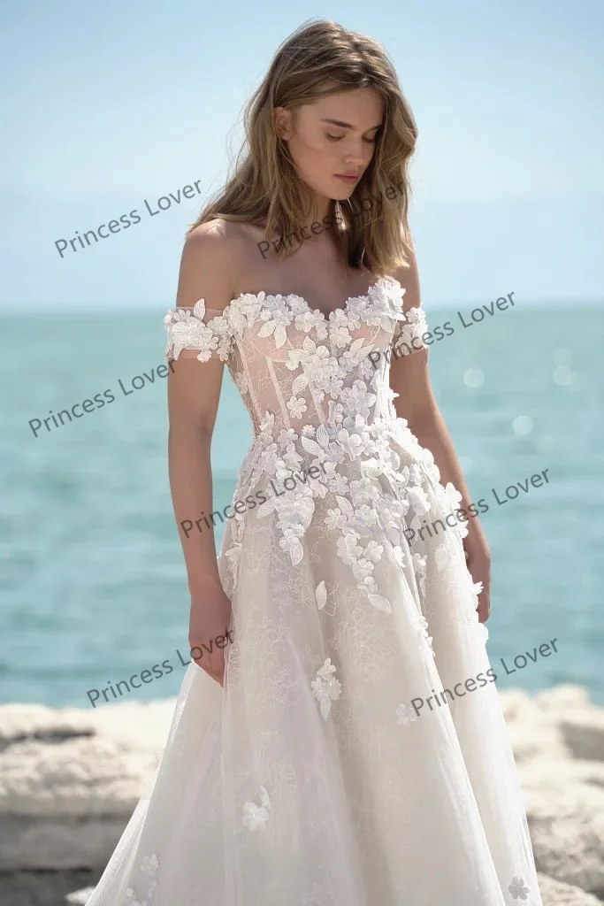 Robes de mariée en tulle pour femmes, appliques florales, bustier corset, dos ouvert, robes de plage sexy, 2024