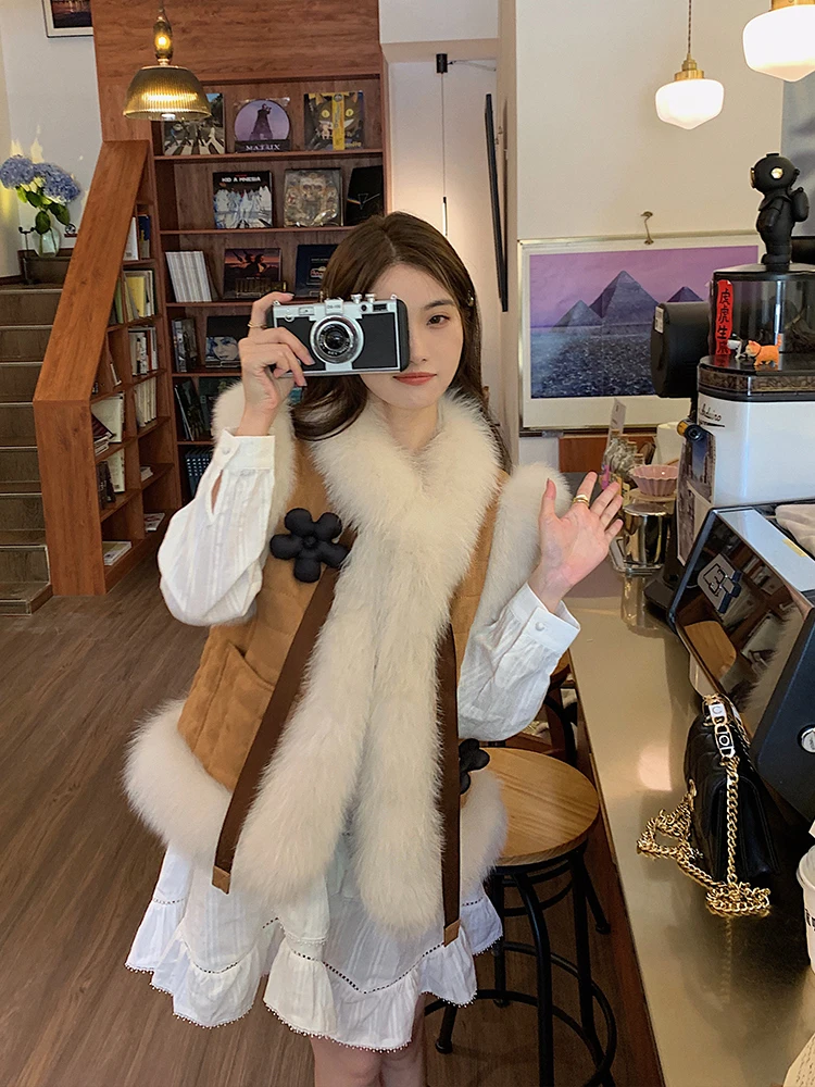 MENINA BONITA 2022 Winter Jacket Women Natural Real Fox Fur Coat Vest Thick Warm New Fashion Bow Tie