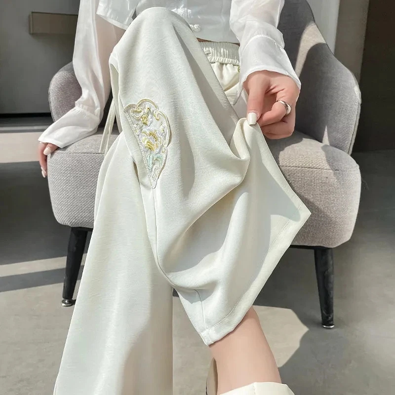 Women Chinese Style Embroidered Wide Leg Pants Female Summer Female Loose Straight Cylinder Trousers Ladies Ice Shreds Pantalons