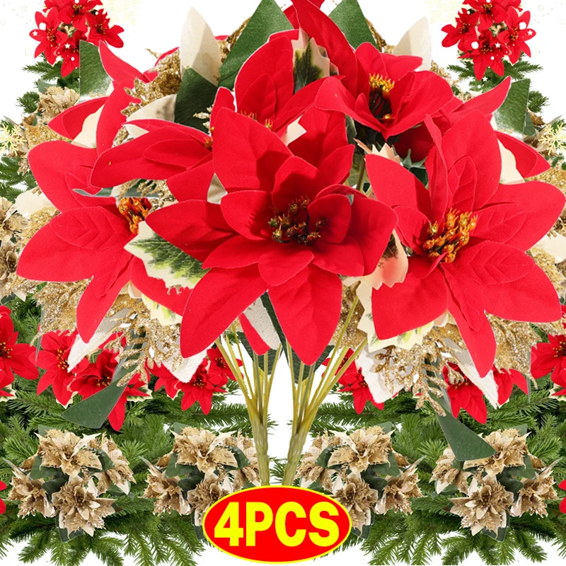 Christmas Decoration Artificial Flowers Xmas Tree Ornaments Glitter Poinsettia Flowers DIY Wreath Wedding New Year Home Decor