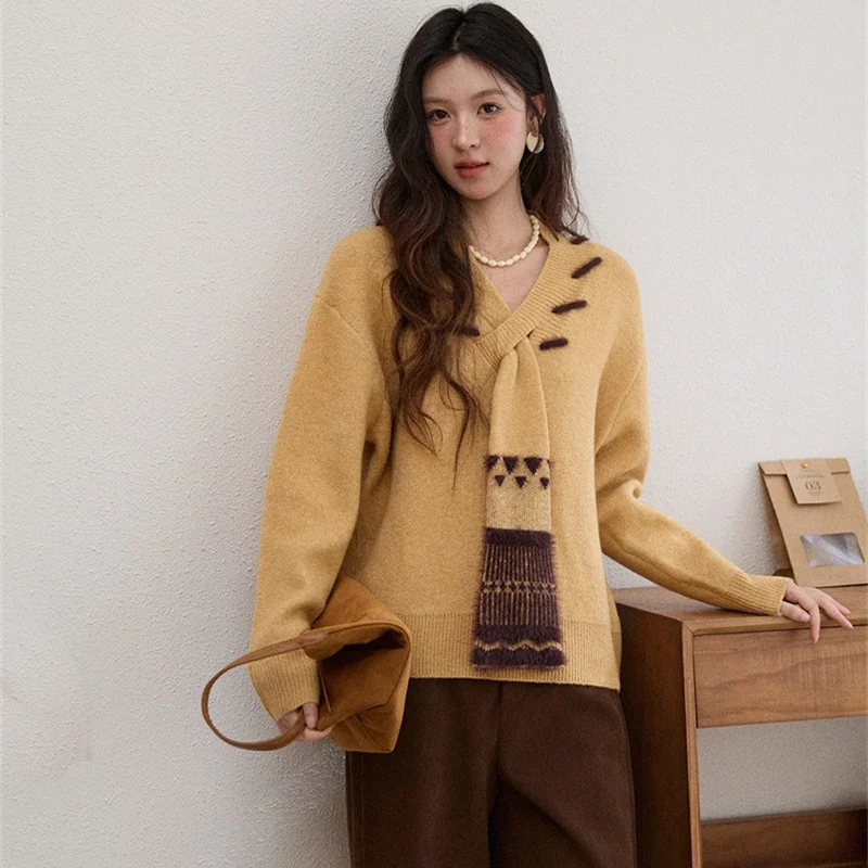 Hochwertiger Damen-Strickpullover, fusselfrei, Herbst-Winter-Mode, locker geschnitten, V-Ausschnitt, lange Ärmel, normale Länge, Guangzhou Th...