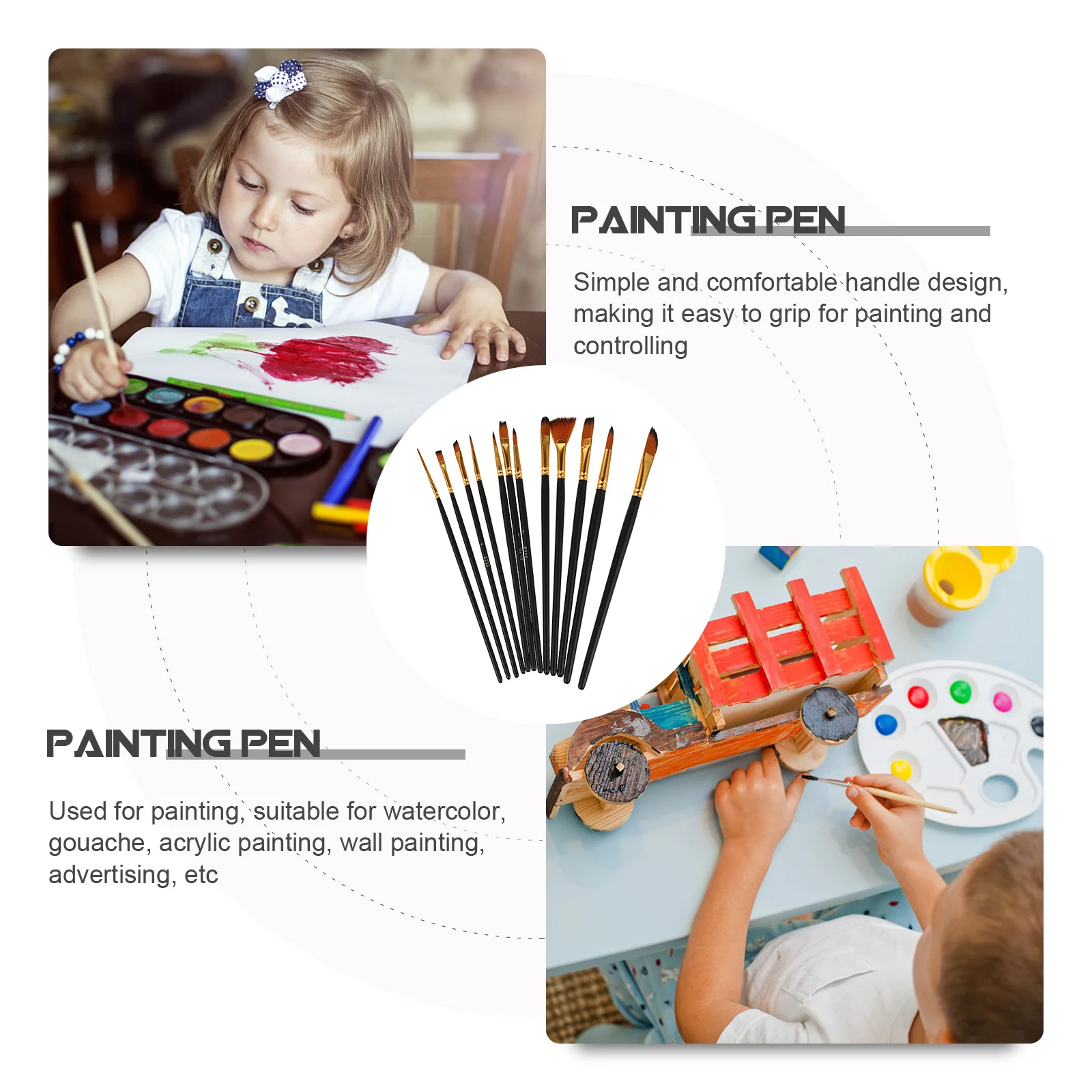 12 Pcs Watercolor Paint Brushes Detail Nylon Tools Professional Craft Black Artist Fine Flat