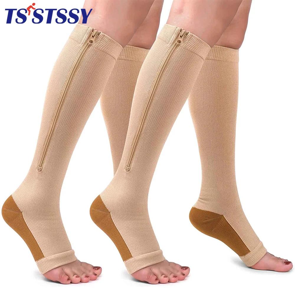 2Pairs Compression Stockings for Men Women Sports Pressure Long Cycling Socks Zipper Professional Leg Support Thick Sockings