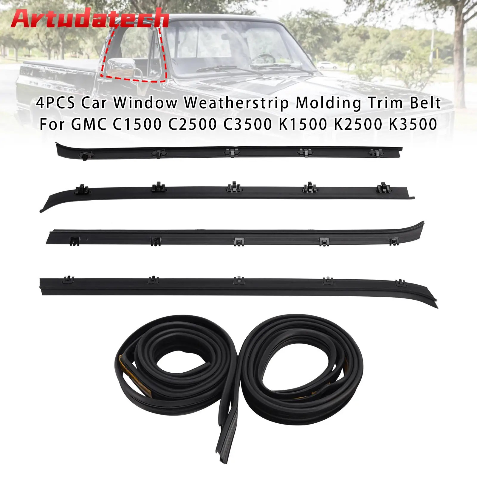 

Artudatech 4PCS Car Window Weatherstrip+2 Seals For GMC C1500 C2500 C3500 K1500 K2500 K3500 Car Accessories 15569071 15569072