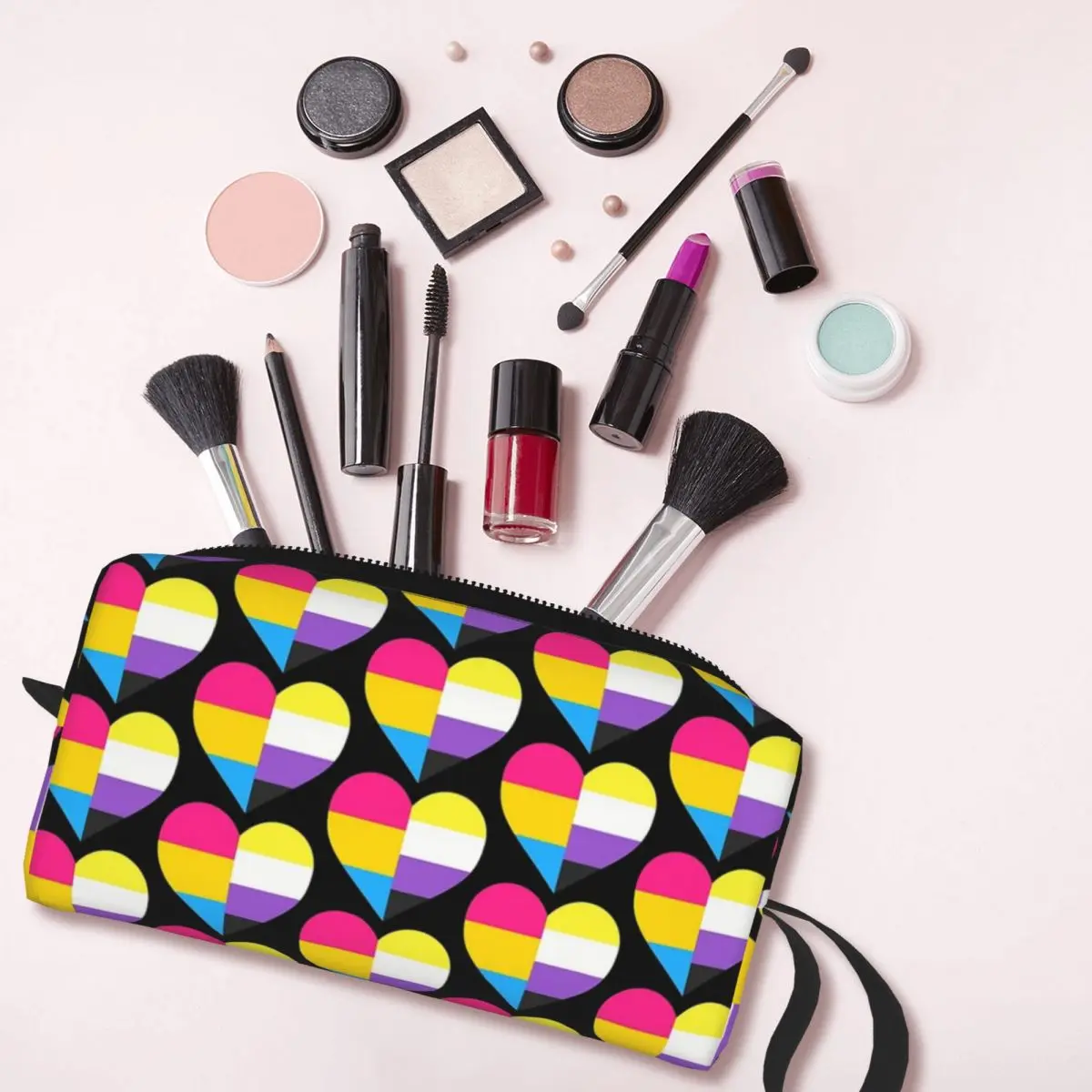 Pan e Nonbinary Pride Heart Makeup Bag para mulheres, organizador de cosméticos, kit Dopp, armazenamento, higiene pessoal, beleza Pencil Case