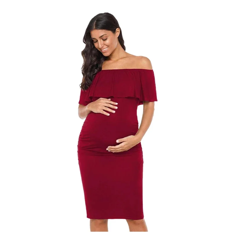 Cotton Nursing Ruffles Maternity Dresses Off Shoulder Pregnancy Ruffle Shoulderless Women Bodycon Dress Summer Pregnant