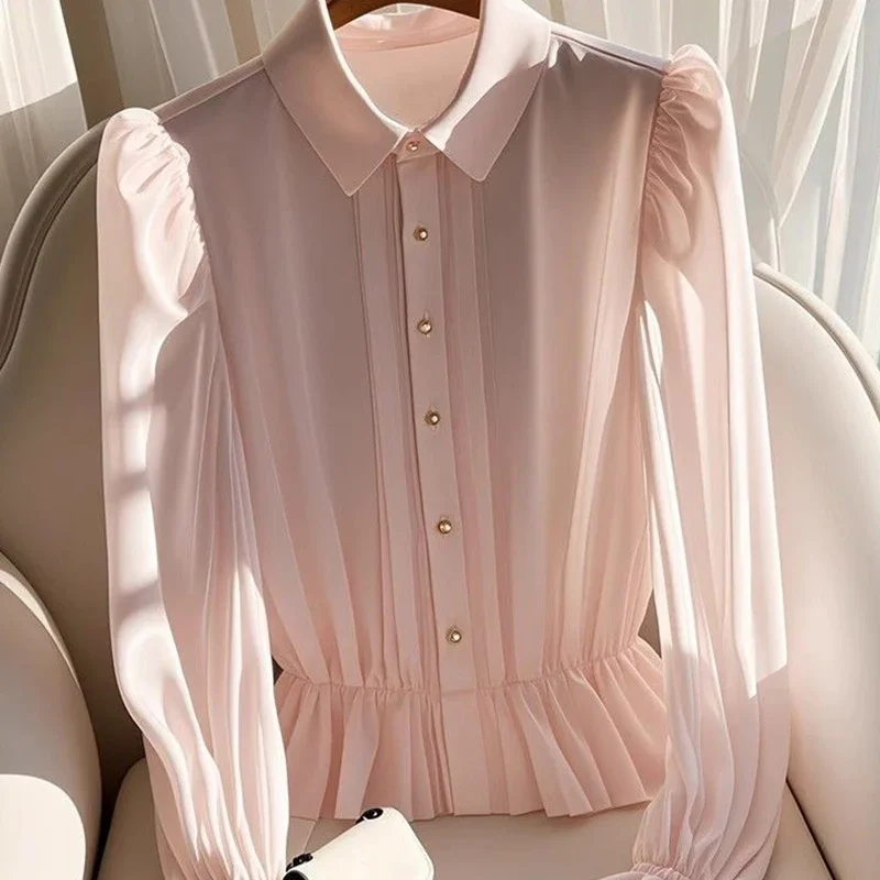 

French Shirts for Women Simplicity Office Lady Solid Color Polo Collar Vintage Sleeve Shirts Ladies Temperament Pleated Tops