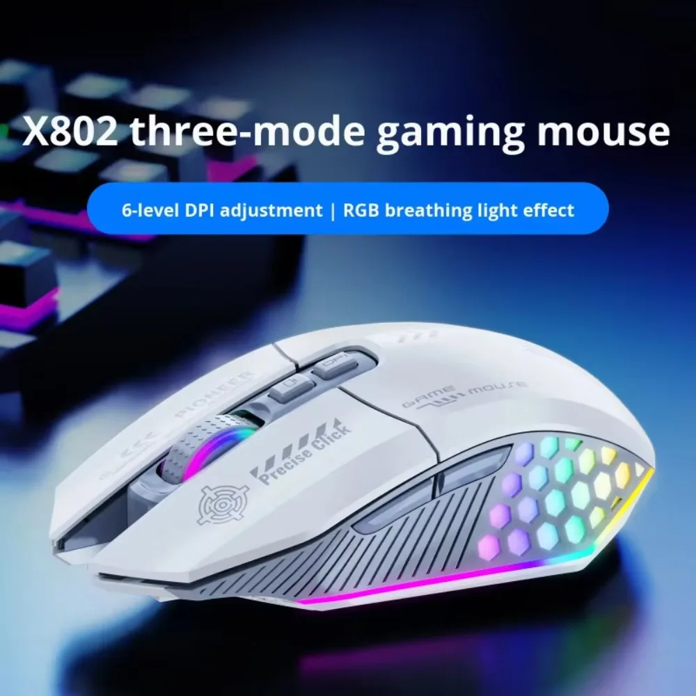 X802 Ergonomic 3 Mode Wired Bluetooth5.3  2.4G Gaming Mouse, 12000DPI RGB Honeycomb Macro USB C Rechargeable PC Gamer Mouse