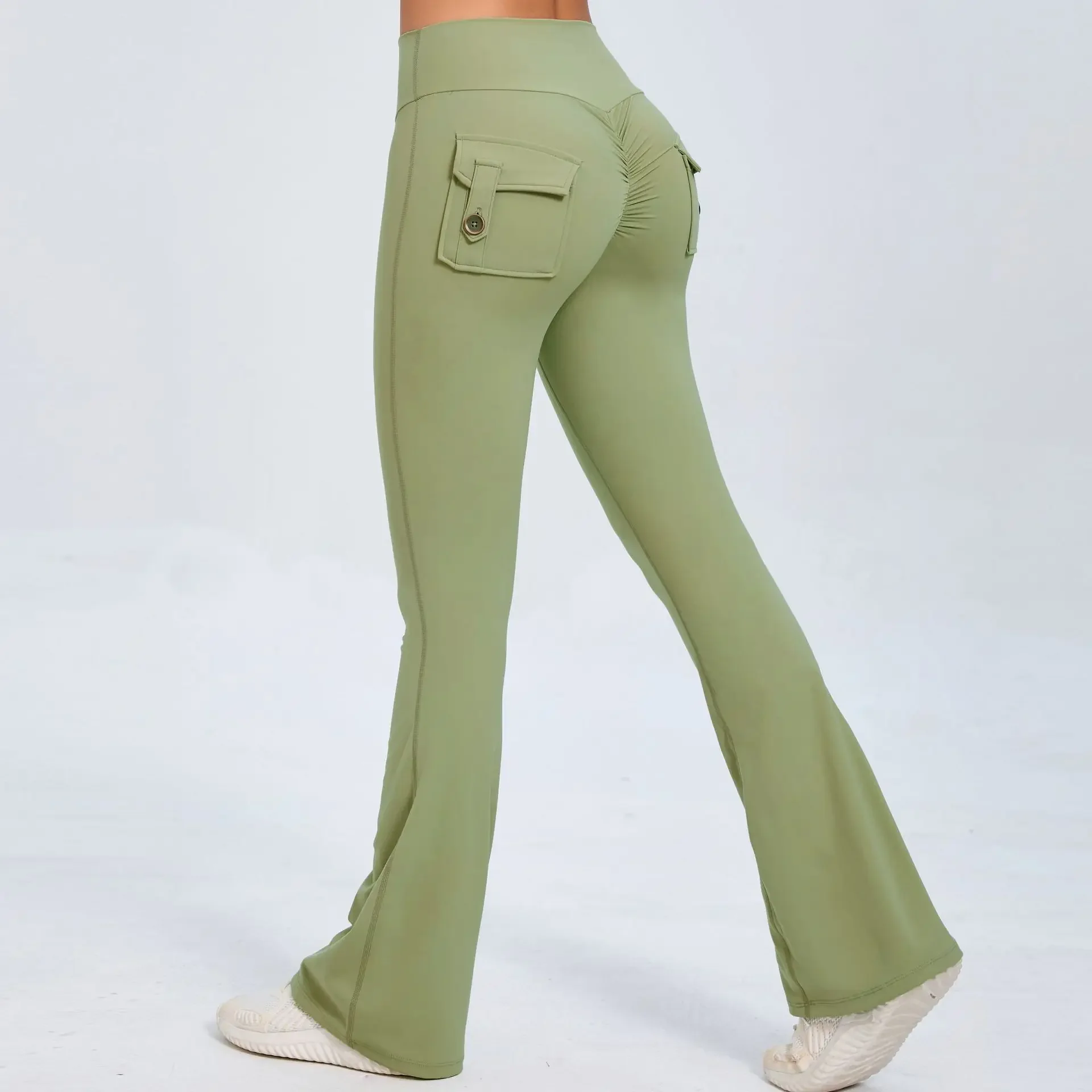 

Fashion Sporty Scrunch Flare Leggings with Pocket Women Gym Workout Clothing High Waist Sport Tights Push Up Fitness Pants Black
