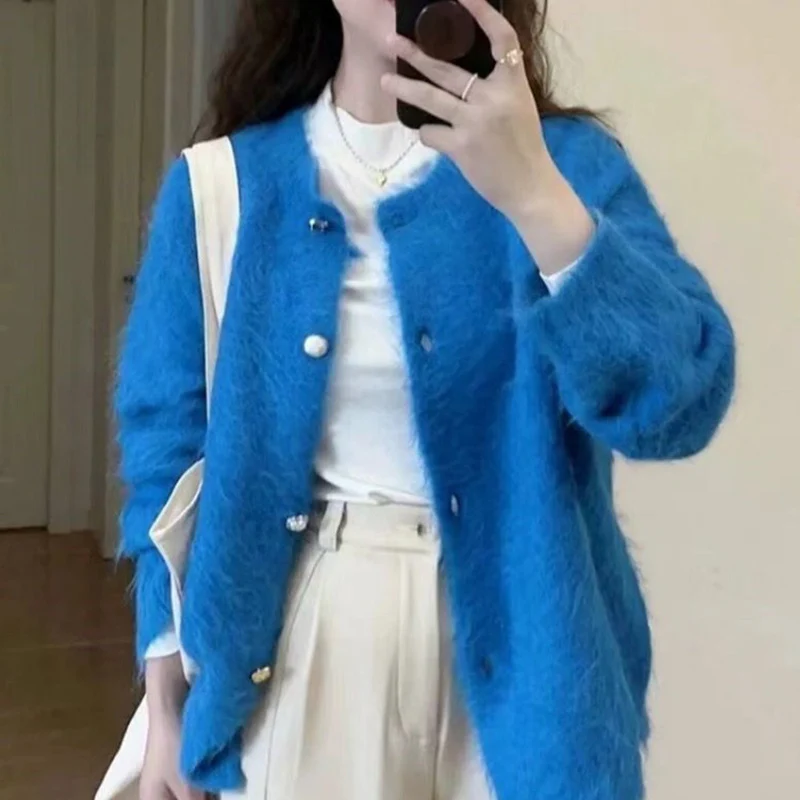 

Korean Style Retro Fashion High Quality Blue Knitted Cardigan Sweater Autumn/winter New Exquisite Casual Long Sleeved Lady's Top