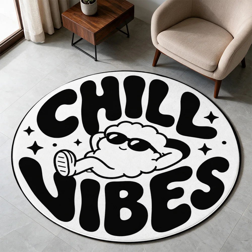 Funny Chill Vibes Cloud Throw Pillow Round Area Rug for Living Room Decor Cute Kawaii Cartoon Mat