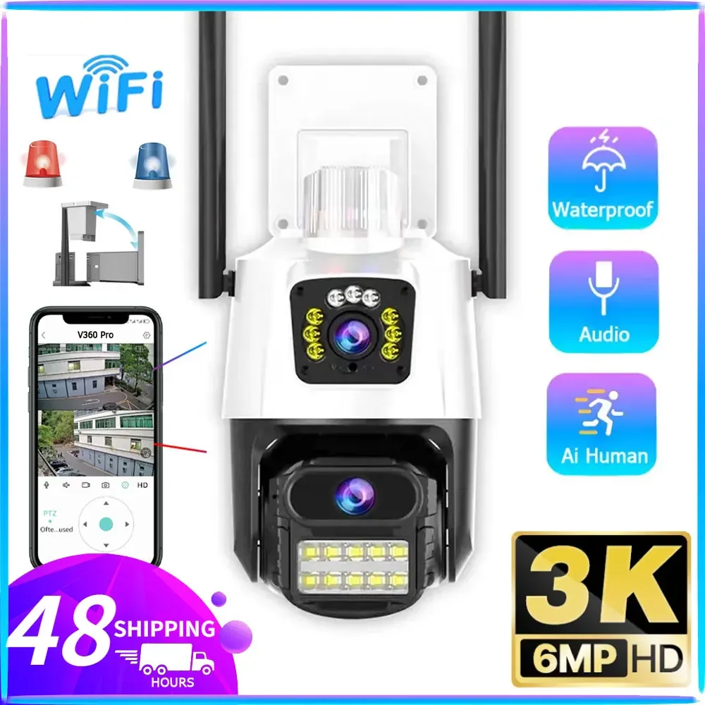 6MP 3K Wifi Camera Dual Lens Security Protection Waterproof Security CCTV Video Surveillance Camera Police Light Alarm IP Camera