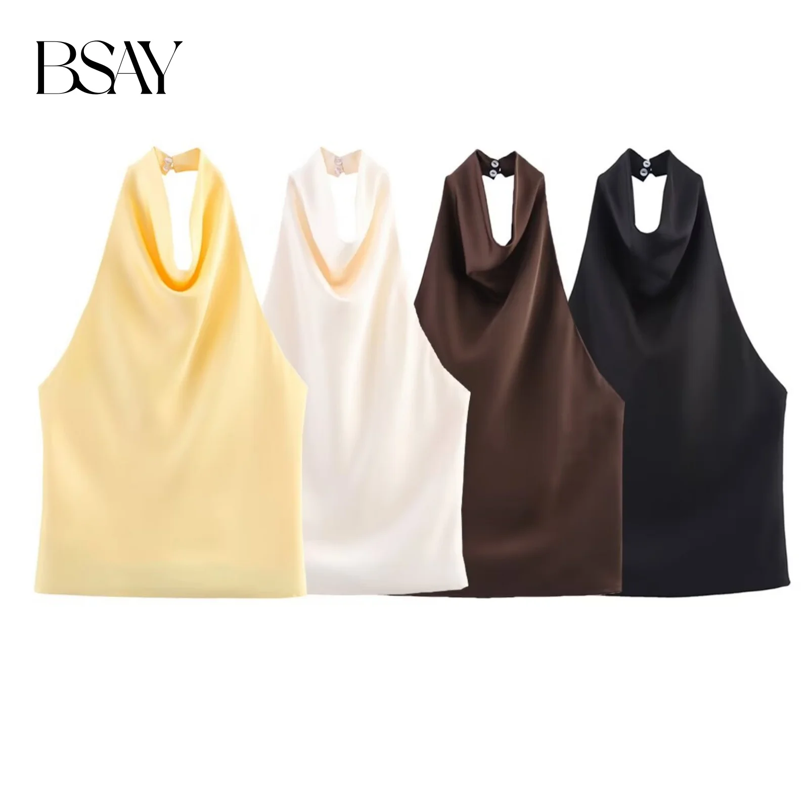 Sukienka wieczorowa z jedwabiu BSAY, nowy styl na lato 2025, elegancka, modna, z dekoltem typu halter, odkrytymi plecami i falującym kołnierzem.