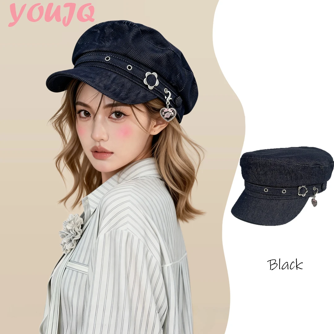 

Korean Retro Flat Top Military Metal Rivets Hat For Women Stiff Denim Peaked Sweet Hot Girl Style Heart Flower Sun Octagonal Cap