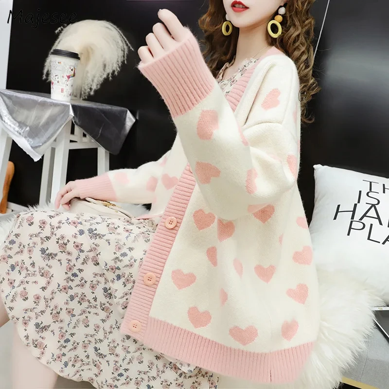 

Knitted Cardigan Women Jacquard Heart Design Korean Style Sweet Lovely Girls All-match Streetwear Casual Ins Cozy Autumn Trendy