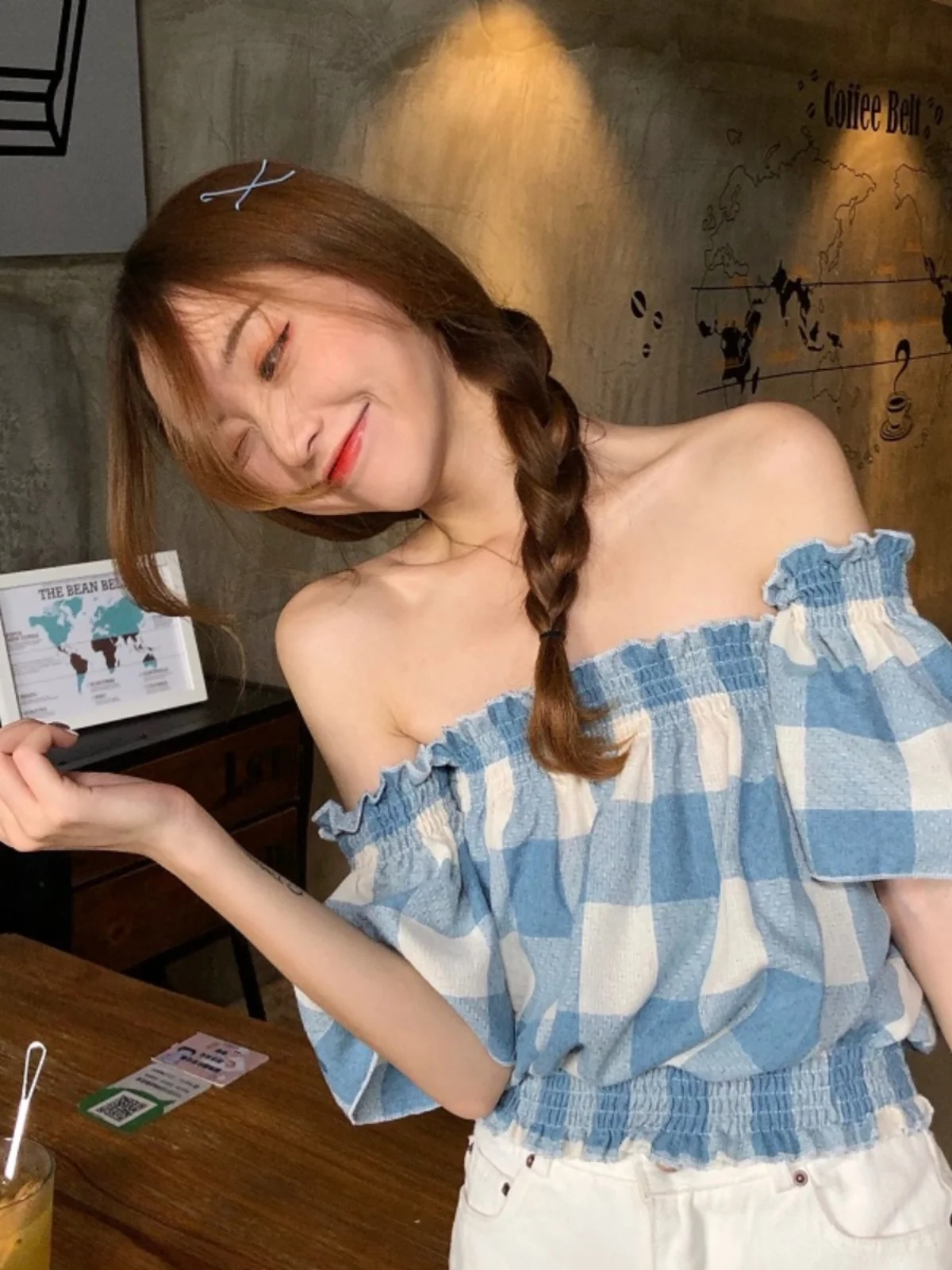 

Sexy Plaid One-Shoulder Korean Style Women's Shirt Spring Summer Short Sleeve Square Collar Small Shirt Commute Style Straigh...