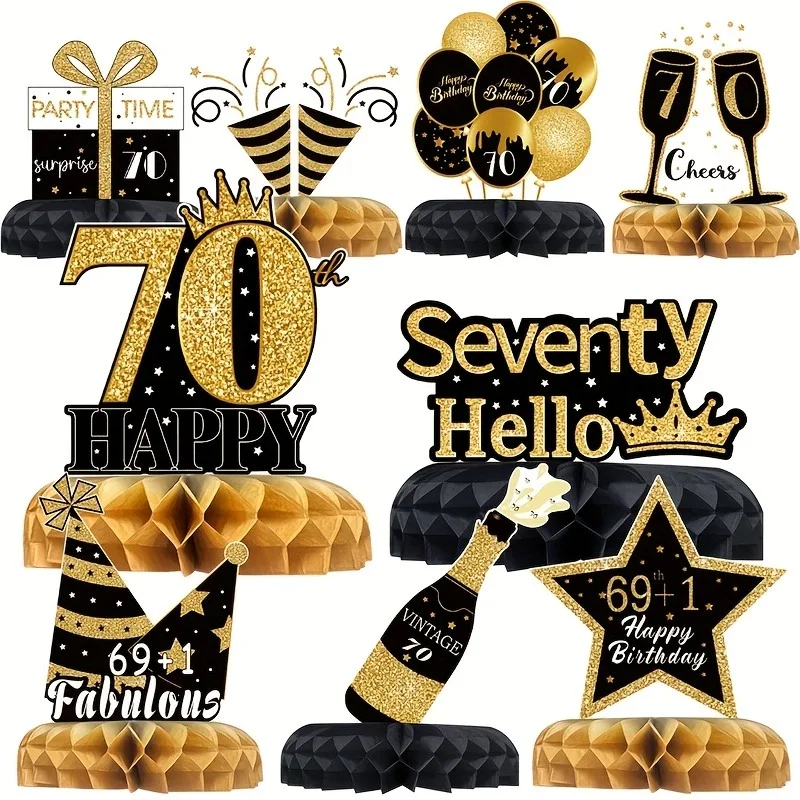 70. Geburtstag Wabendekor-Set, Schwarz-Gold Themen-Tischdekoration mit Kronen- & Champagner-Design für Geburtstagsfeier – Detail 5